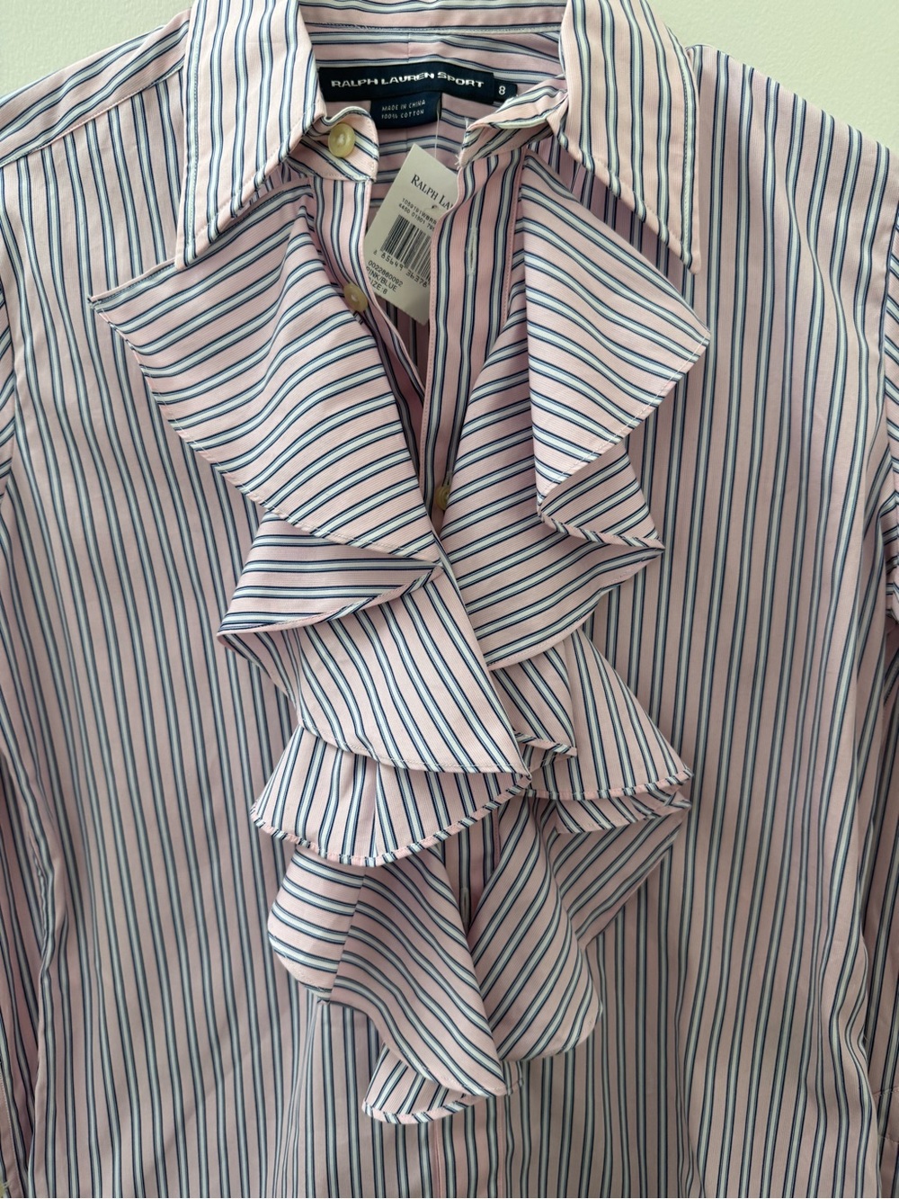 NEW! TAGS! Ralph Lauren Dress Shirt Ruffle Blouse Pink Blue White Stripe Sz 8 - Picture 3 of 5